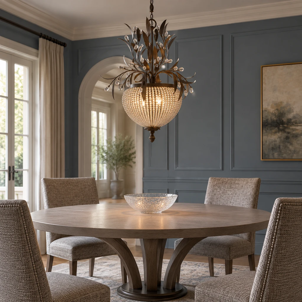 Celeste chandelier above a round gray-oak dining table in a smoke-blue dining room