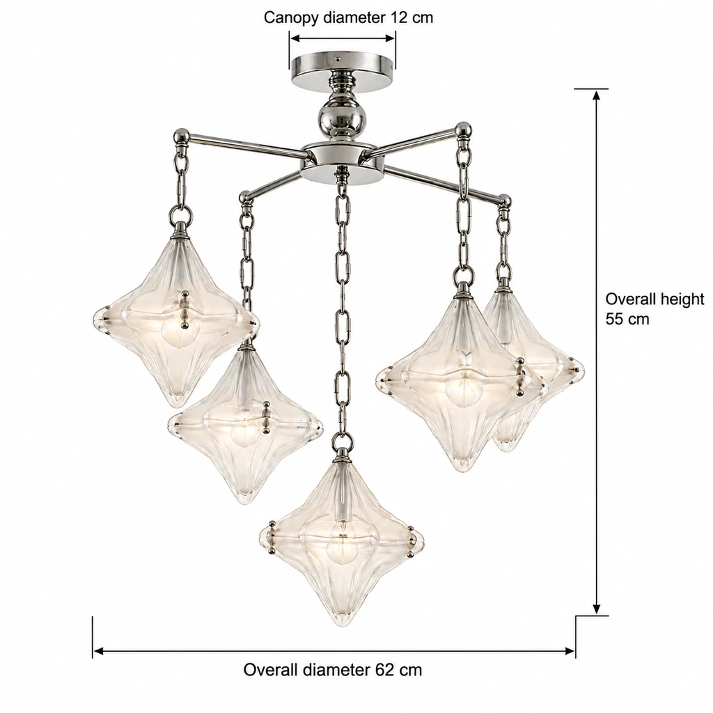 Lena Bauhaus Star Glass Alloy Chandelier dimensions: 62 cm diameter, 55 cm height, and 12 cm canopy diameter