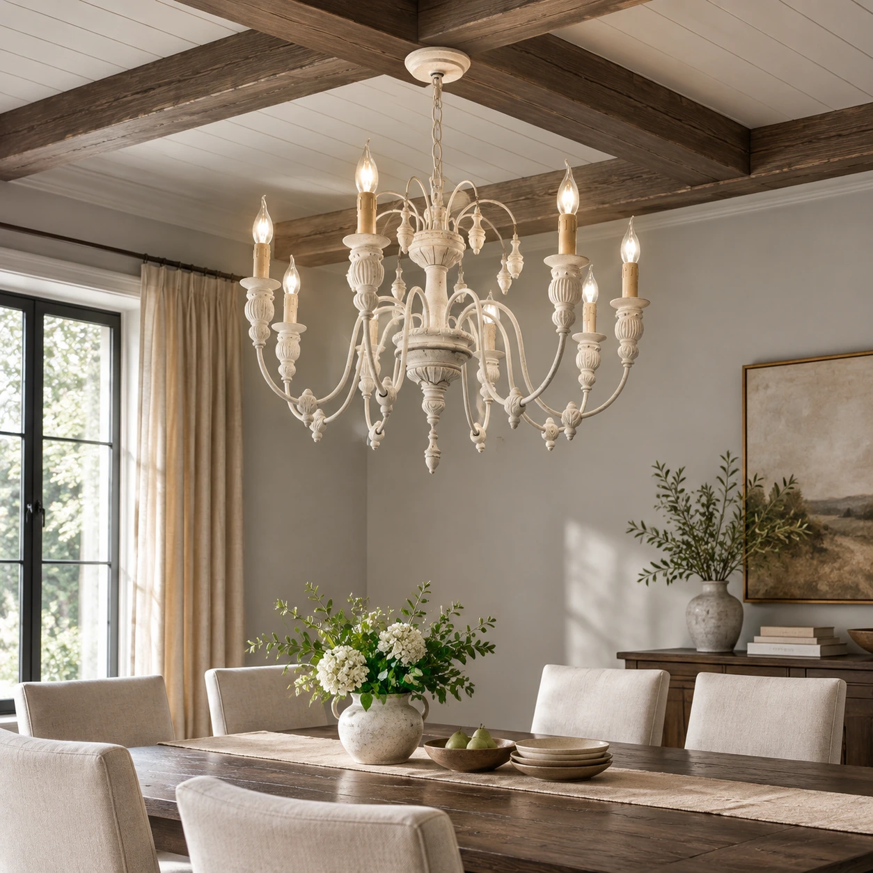 Eight-light vintage white chandelier scene