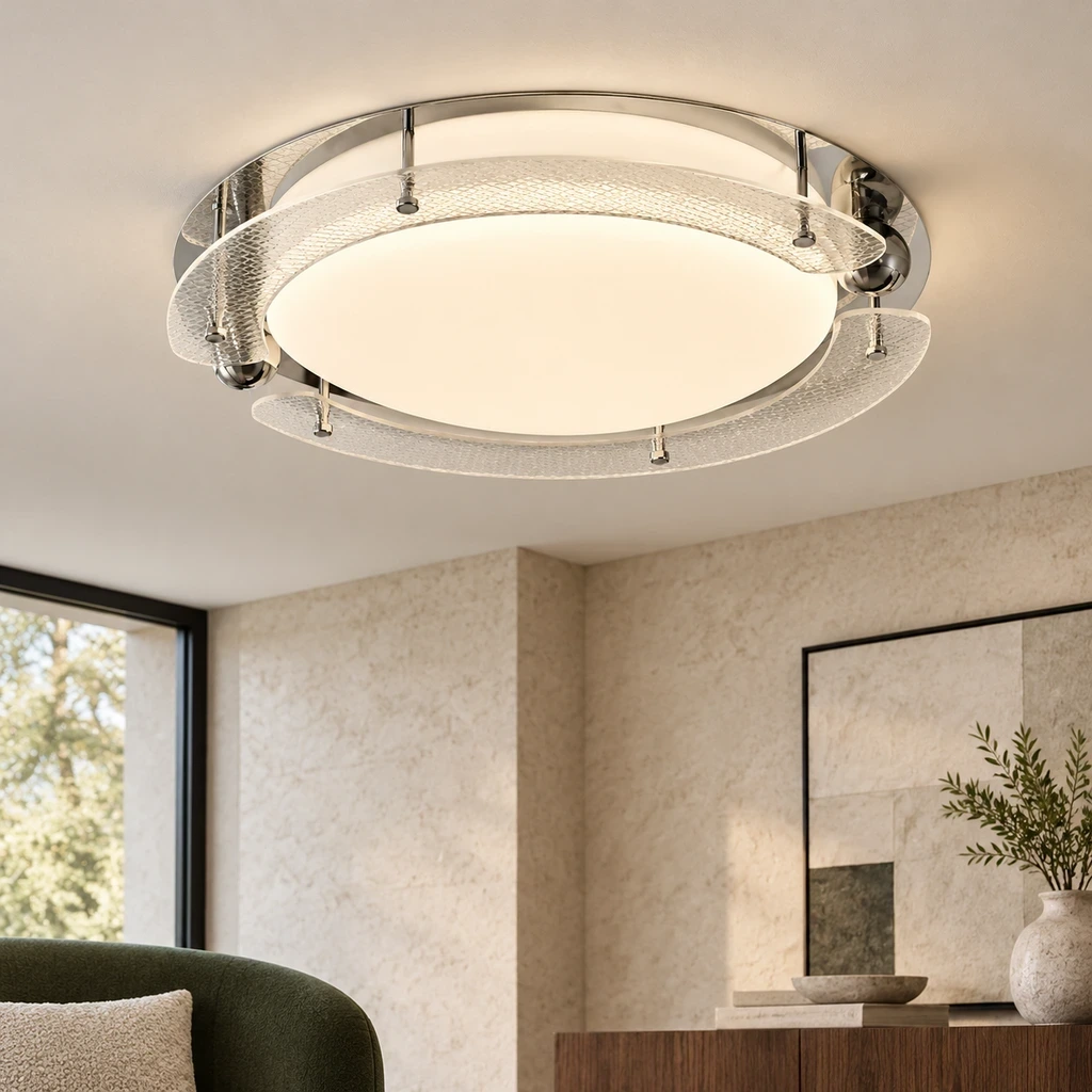 Iris Bauhaus Orbital Acrylic Alloy Flush Mount switched on in a living room