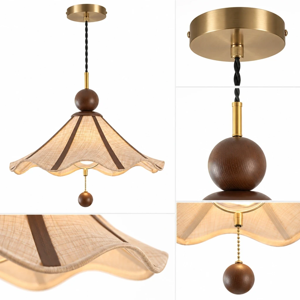 Views of the shade edge, wood cap, and hanging finial