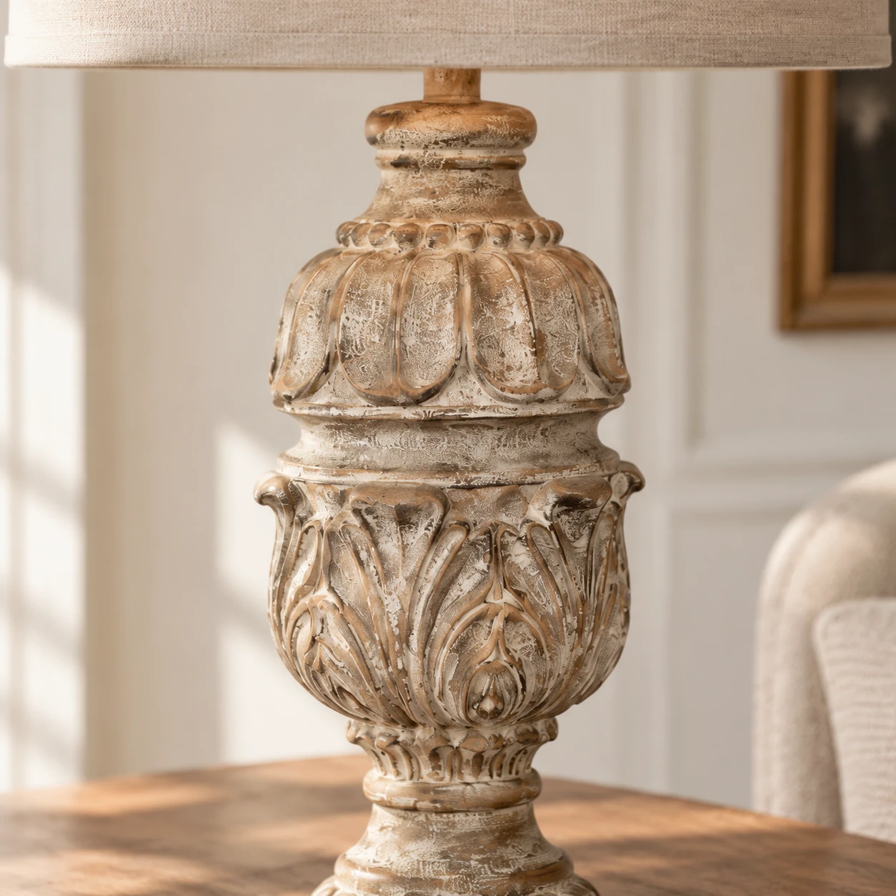 Detail of the carved wood lamp body