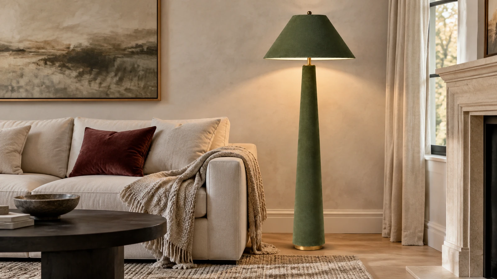 Marlowe oil-green velvet floor lamp beside an ivory sofa