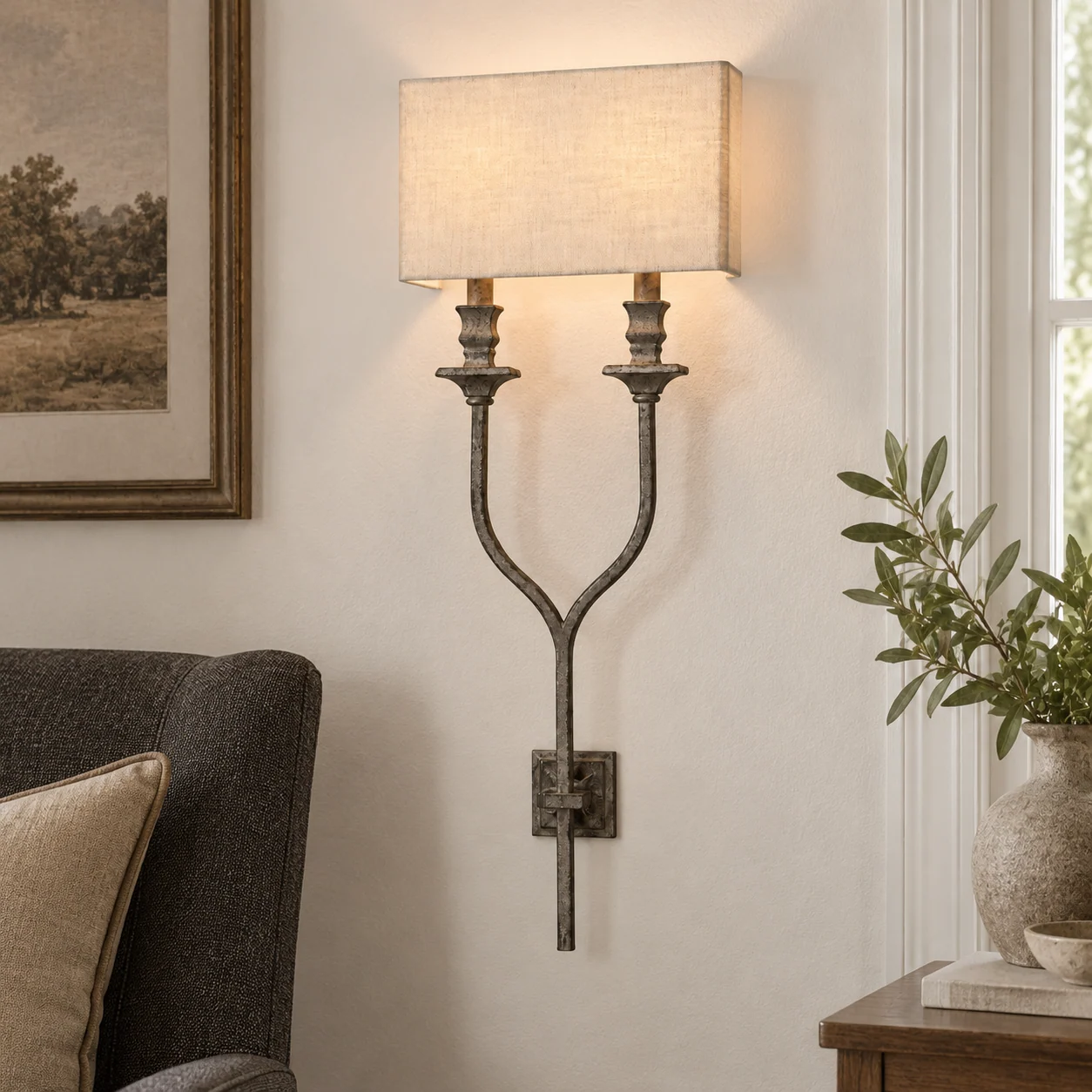 Wall sconce near a reading chair