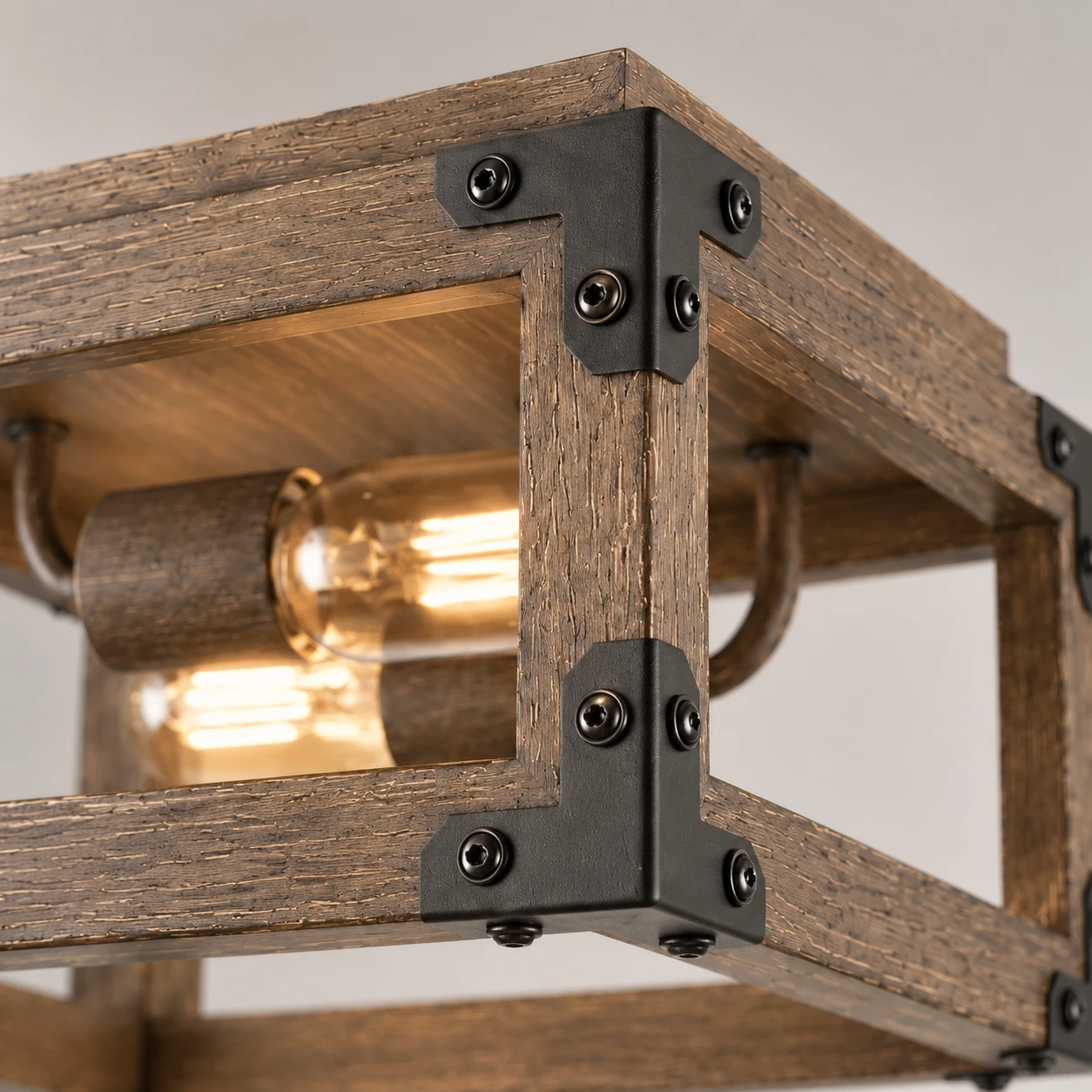 Elias Rustic Caged Wood Ceiling Light wood band and black metal bracket detail