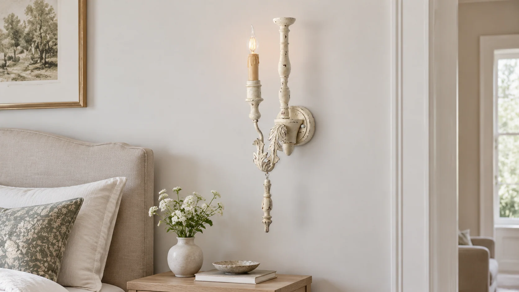 Distressed ivory carved wood wall sconce in a bedroom