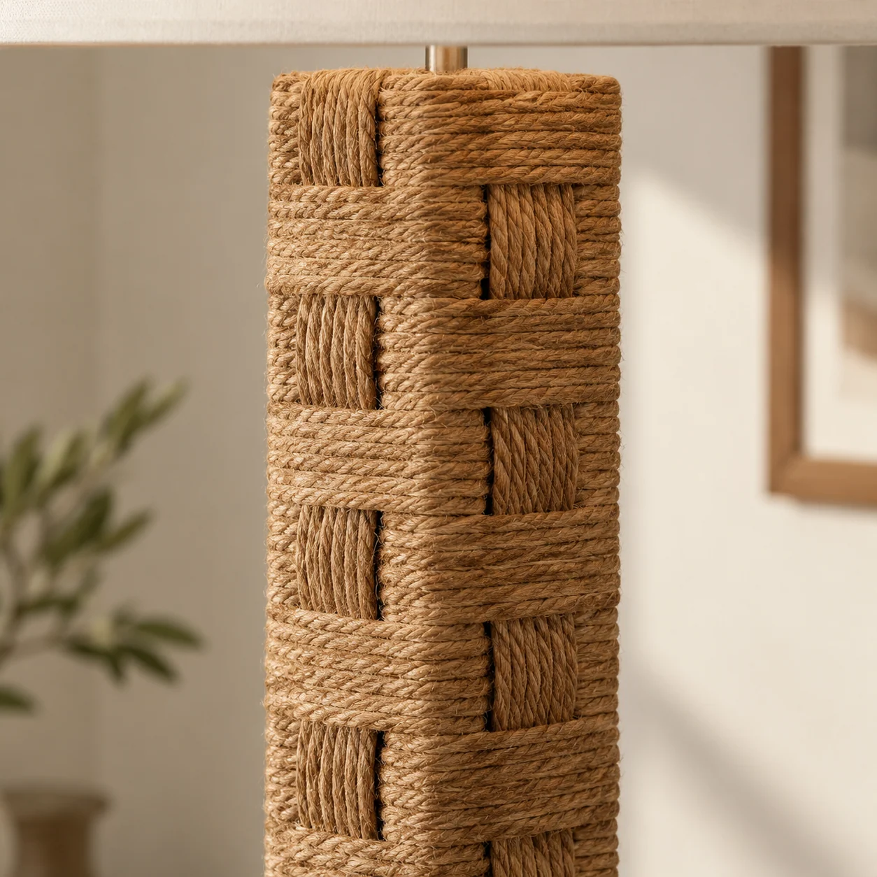 Repeating hemp weave on wood column