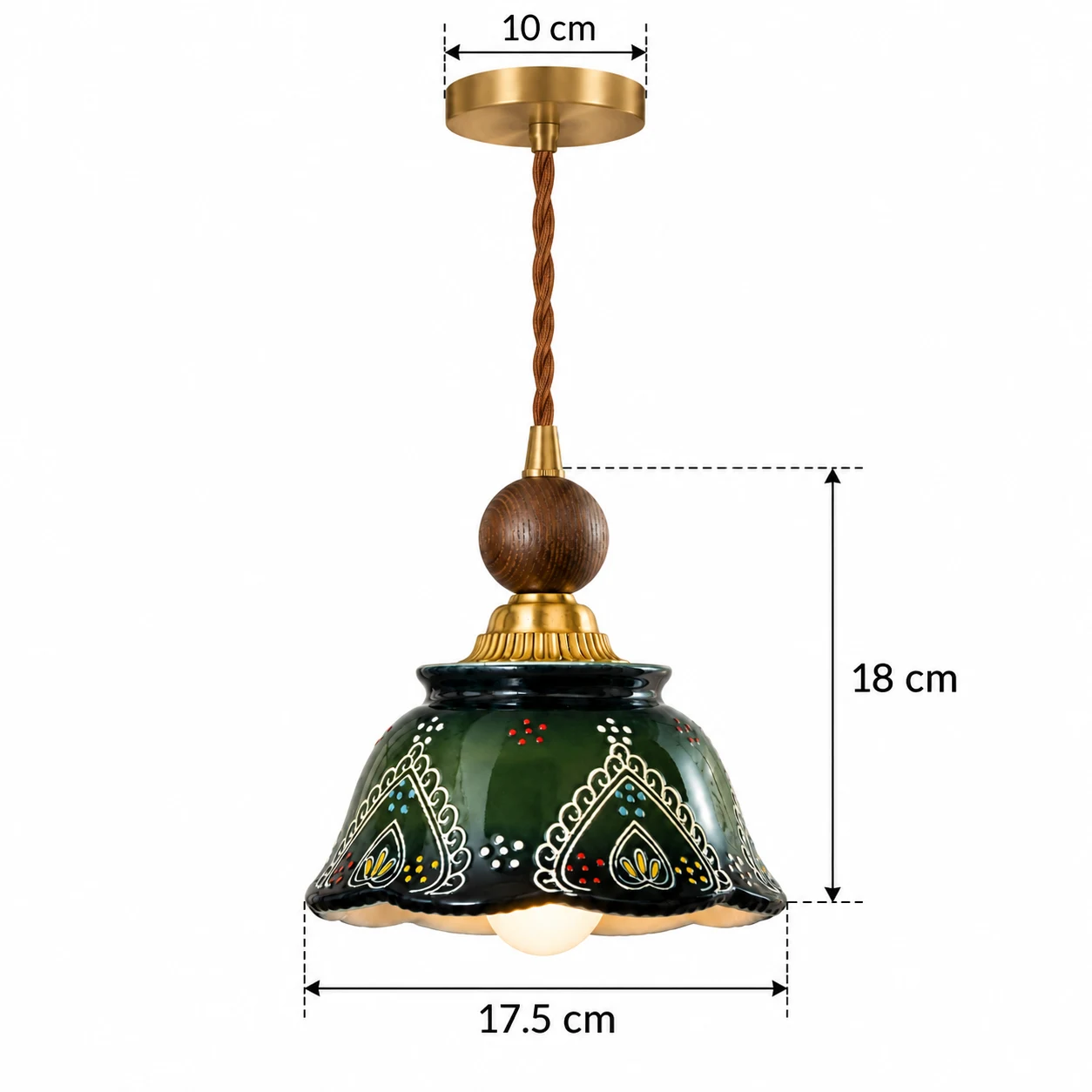 Dimension diagram: shade 17.5 cm, fixture body 18 cm, canopy 10 cm