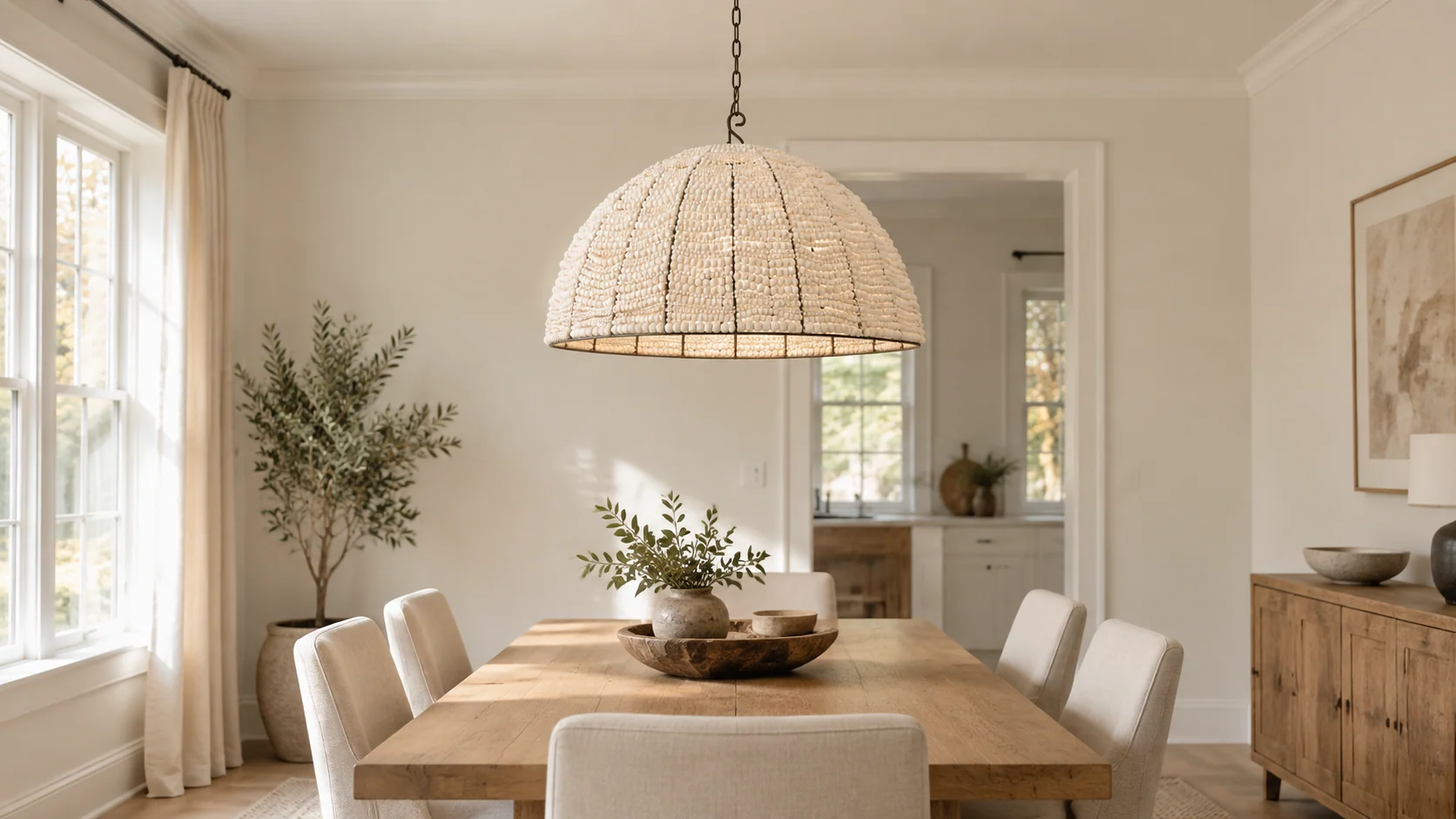Ivory beaded dome chandelier over a dining table