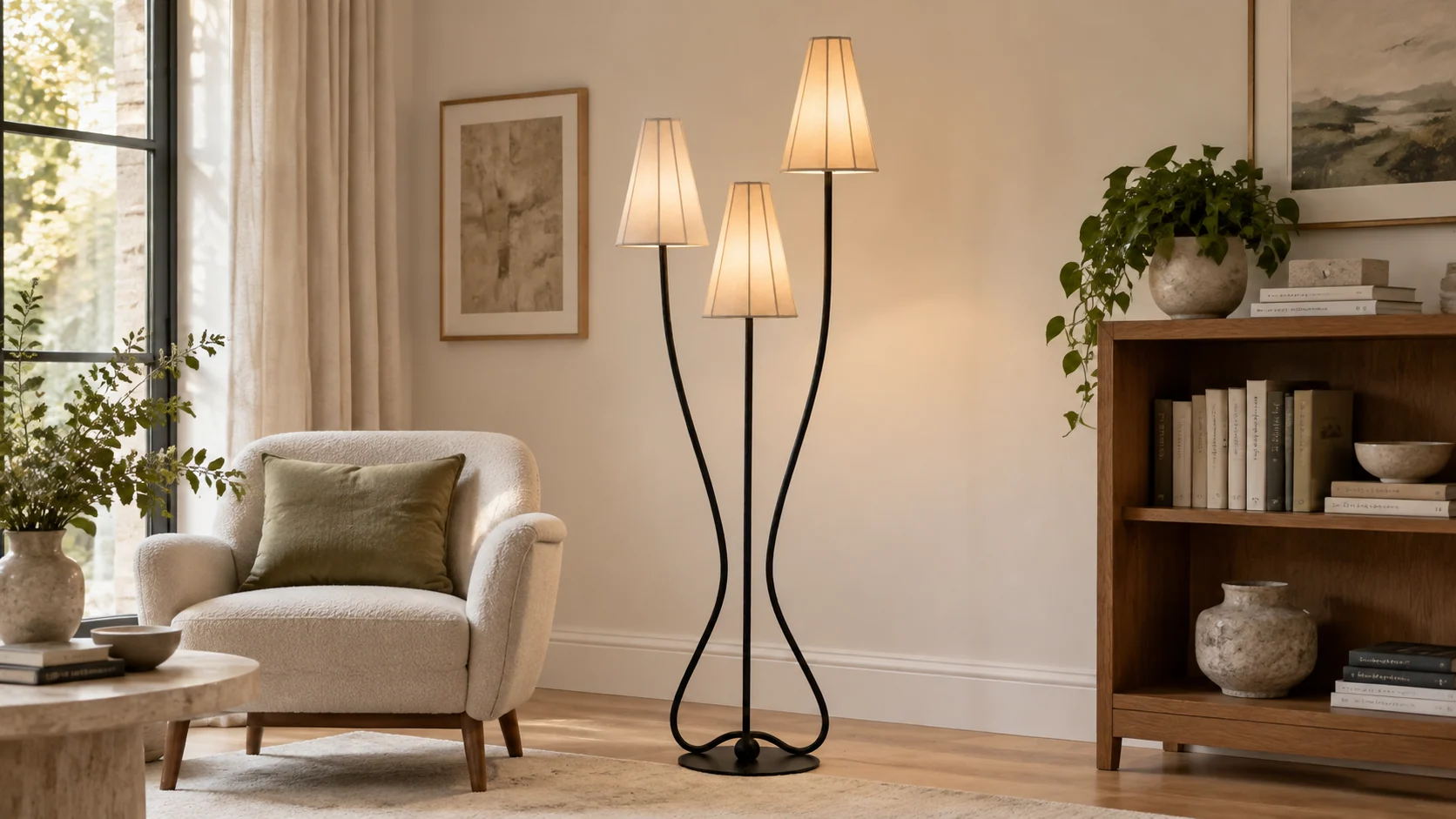 Three-shade floor lamp in a residential living room