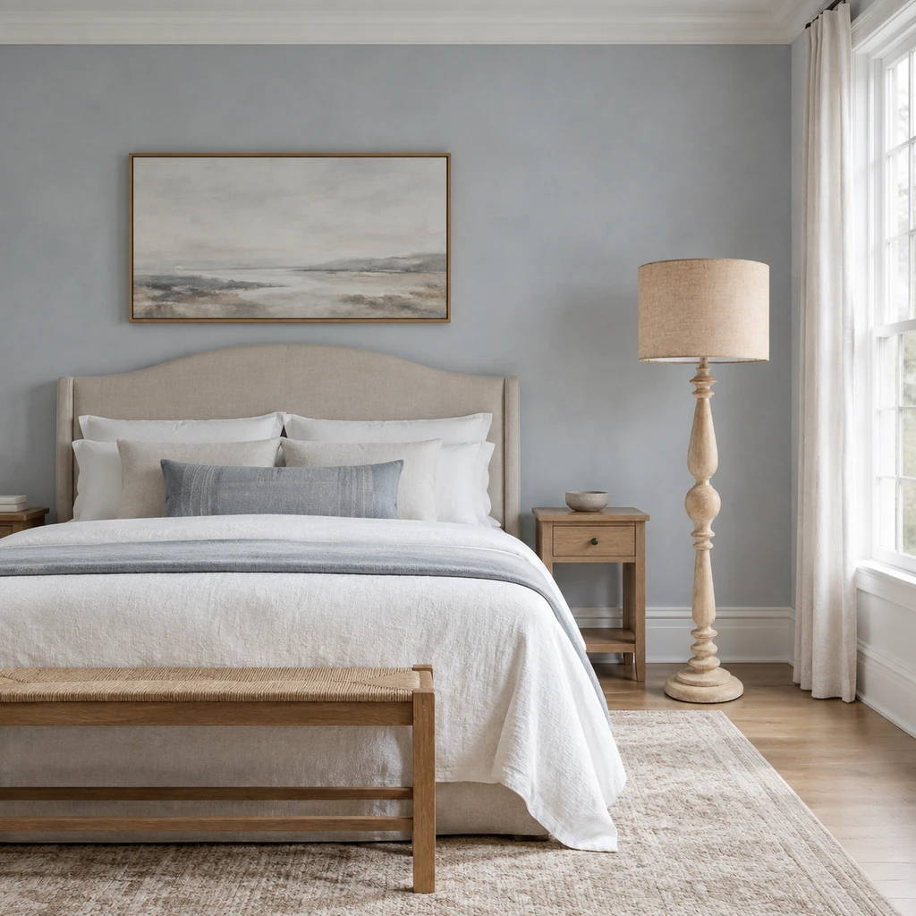 Hadley floor lamp in a high-ceiling bedroom