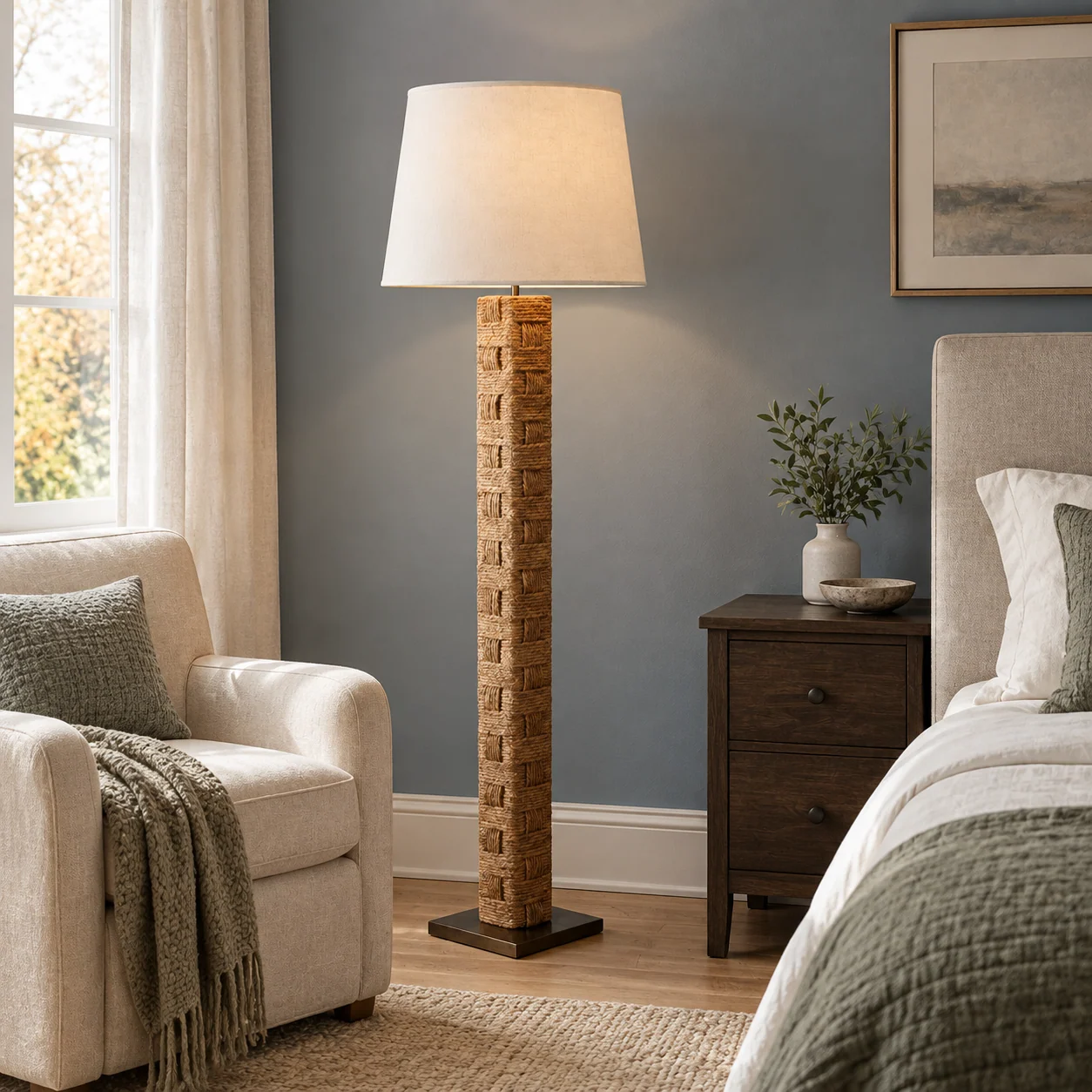 Woven floor lamp in a family bedroom reading area