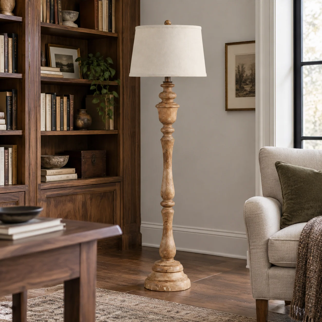 Carved wood lamp in home library