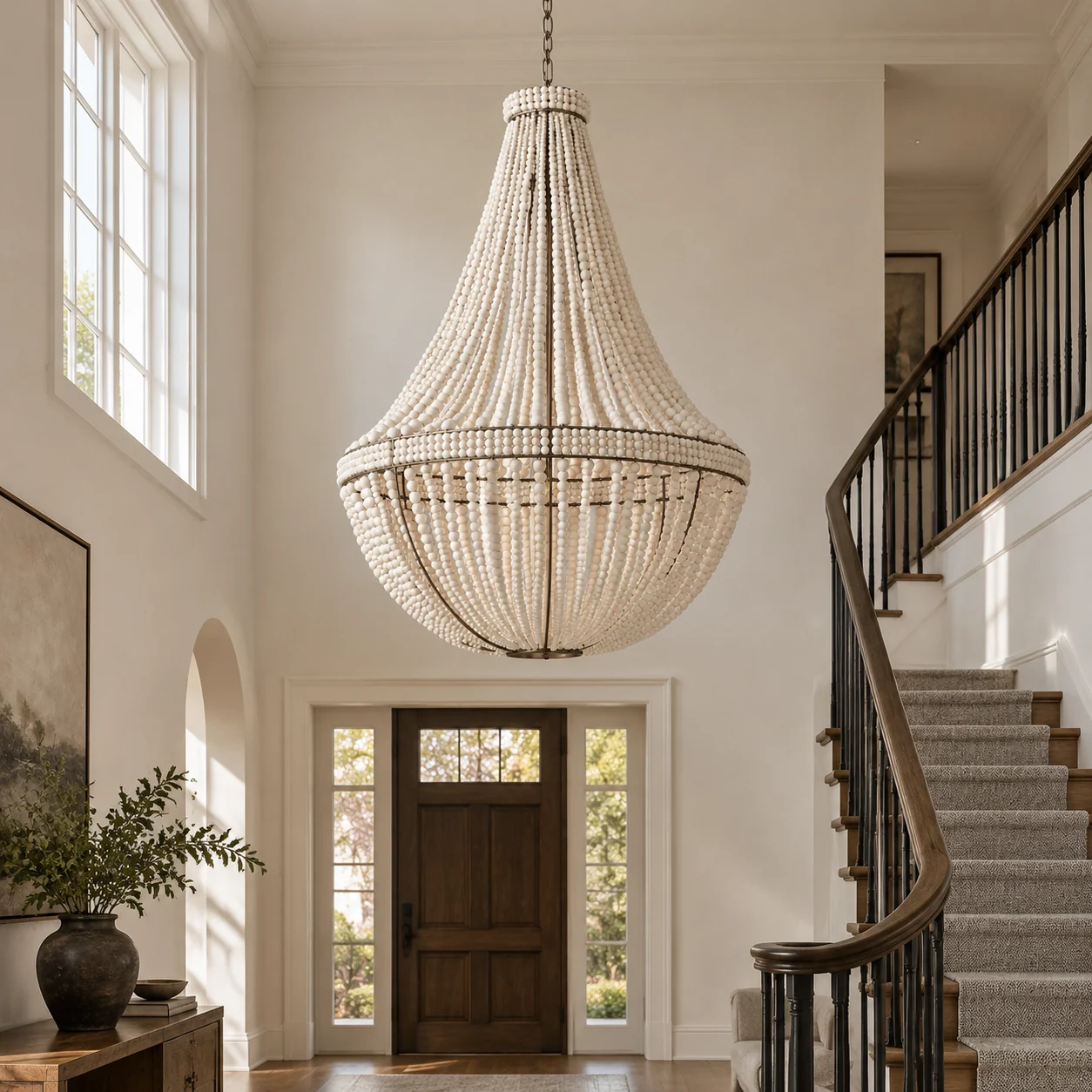 91 cm tapered beaded chandelier in a tall foyer