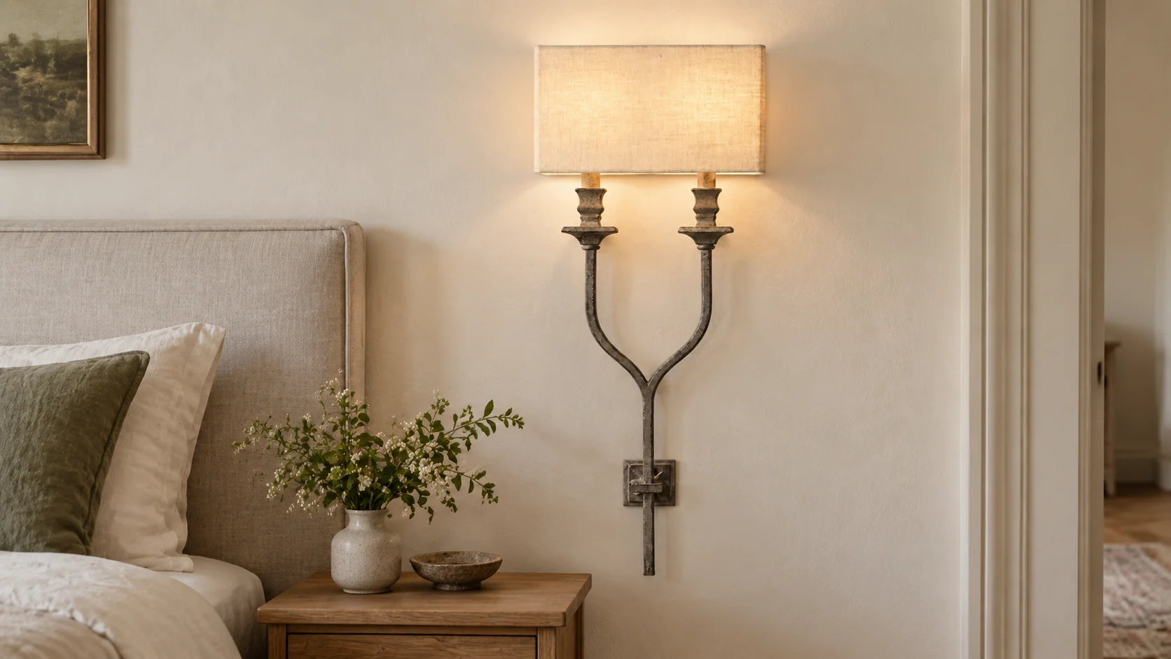 Two-light wall sconce beside a residential bed