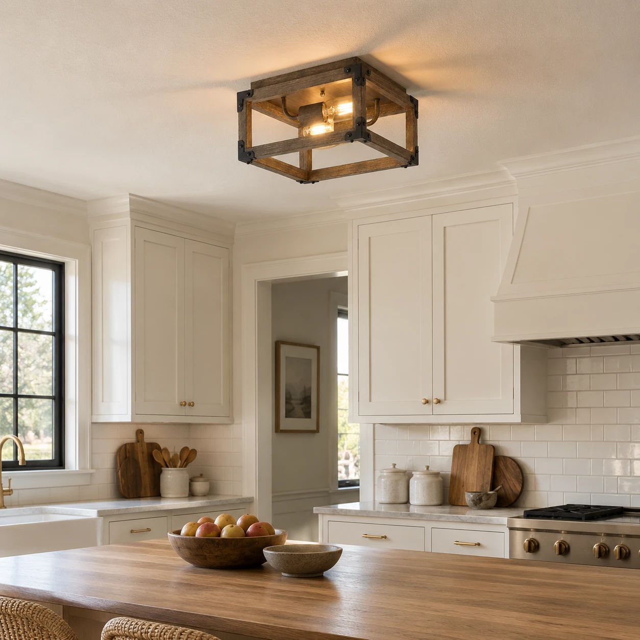 Elias Rustic Caged Wood Ceiling Light in a farmhouse kitchen