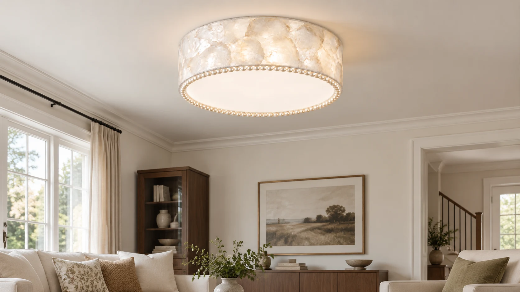 Amelie flush mount centered on ceiling in a family living room