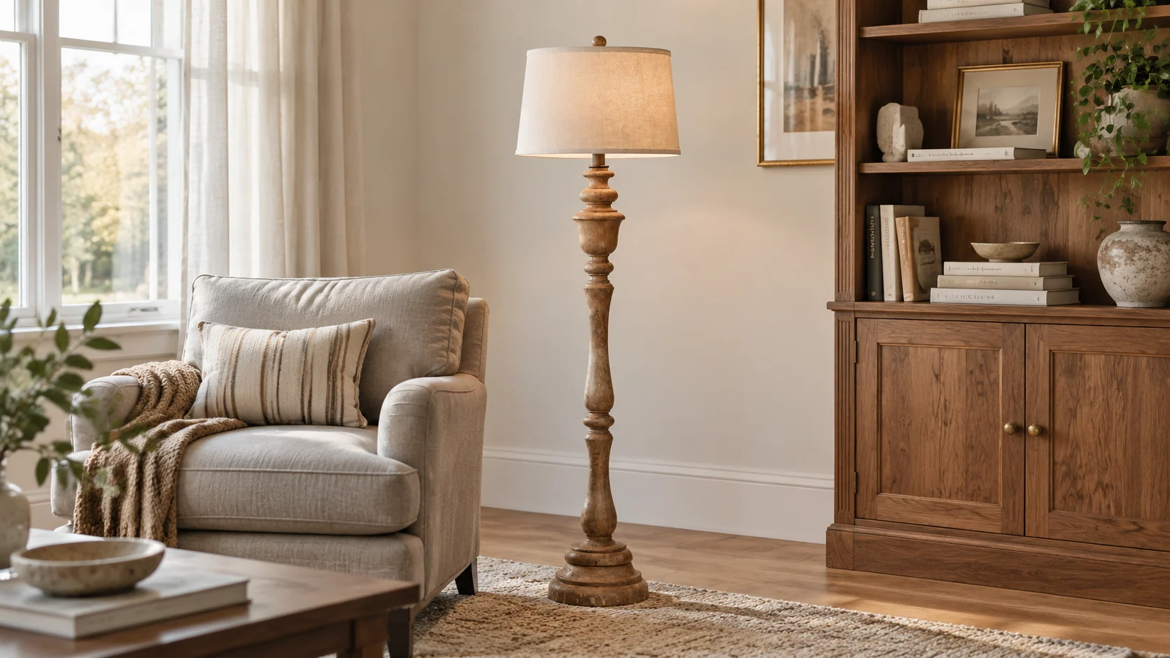 Turned wood floor lamp in a living room