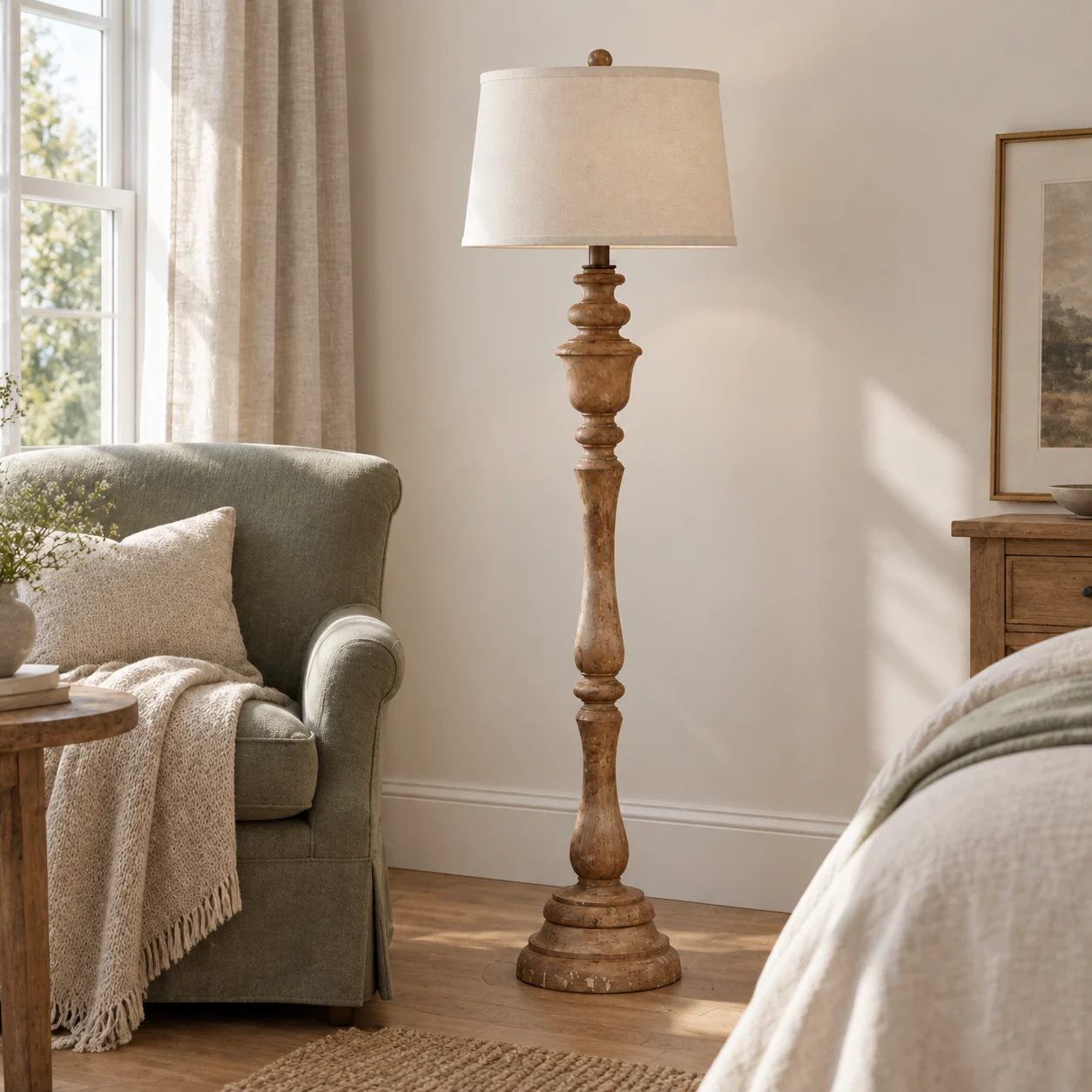 Turned floor lamp in a bedroom sitting nook