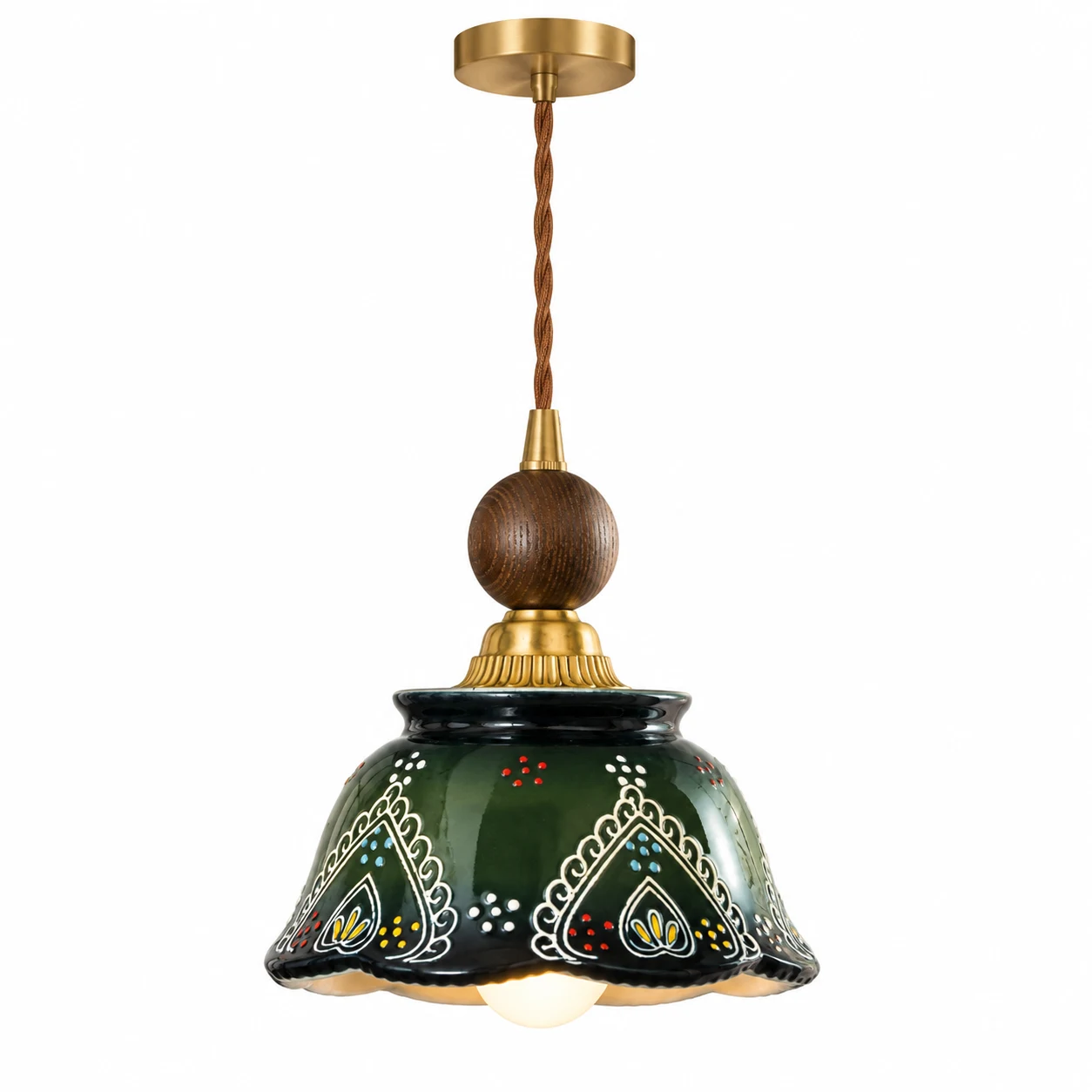 Full Clara ceramic and wood pendant on white background