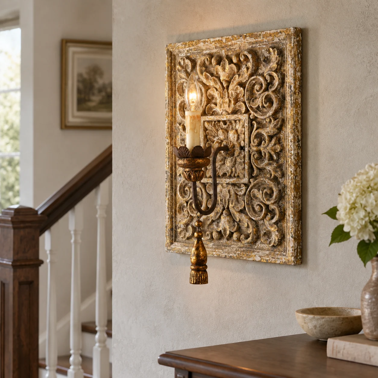 Carved wood sconce on a stair landing wall