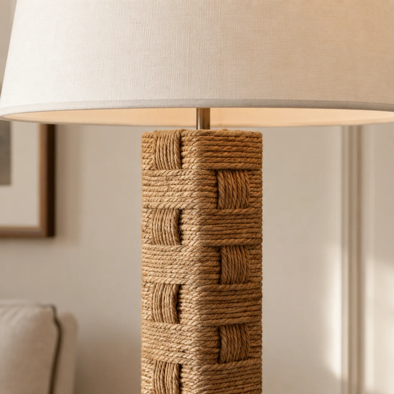 Woven column meets ivory fabric shade