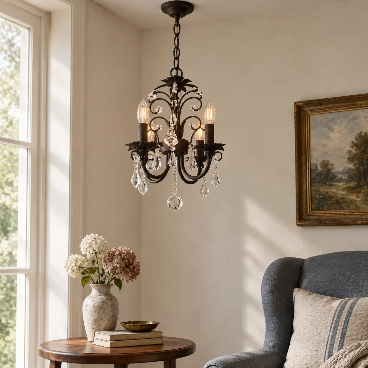 Crystal pendant in a reading corner