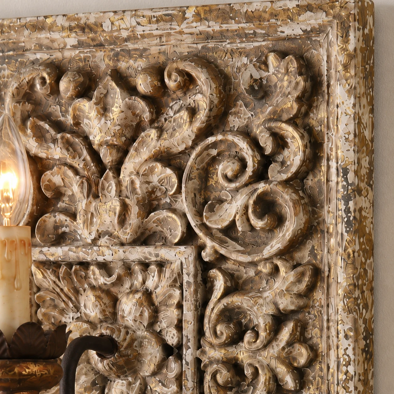 Aged carved foliate wood relief