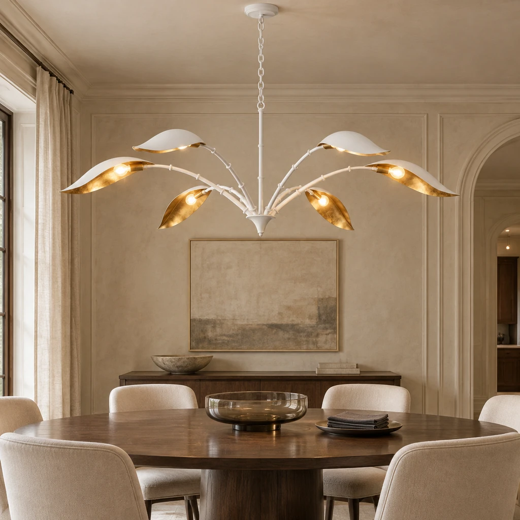 Elowen botanical chandelier above an oval formal dining table
