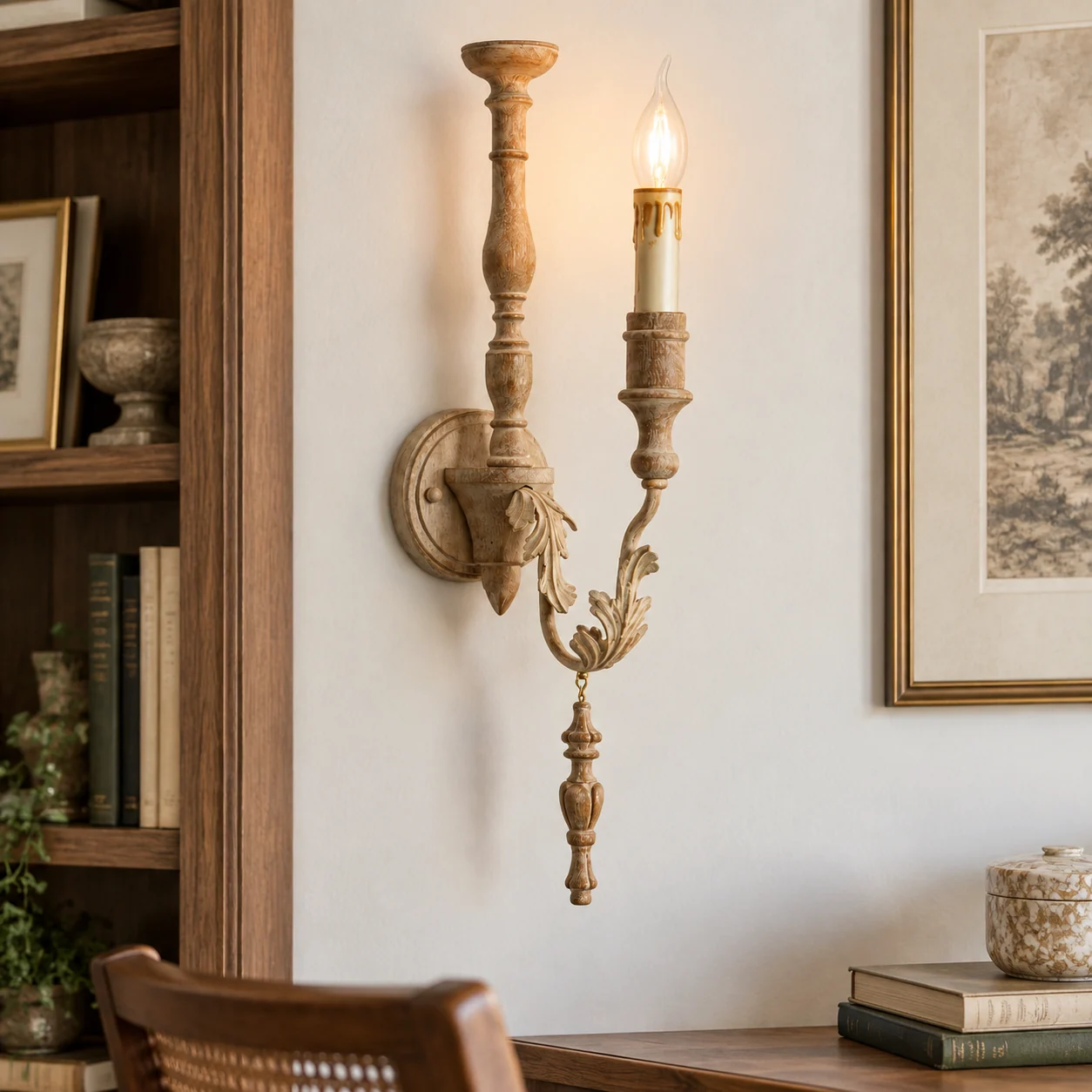 Natural wood wall sconce in home study