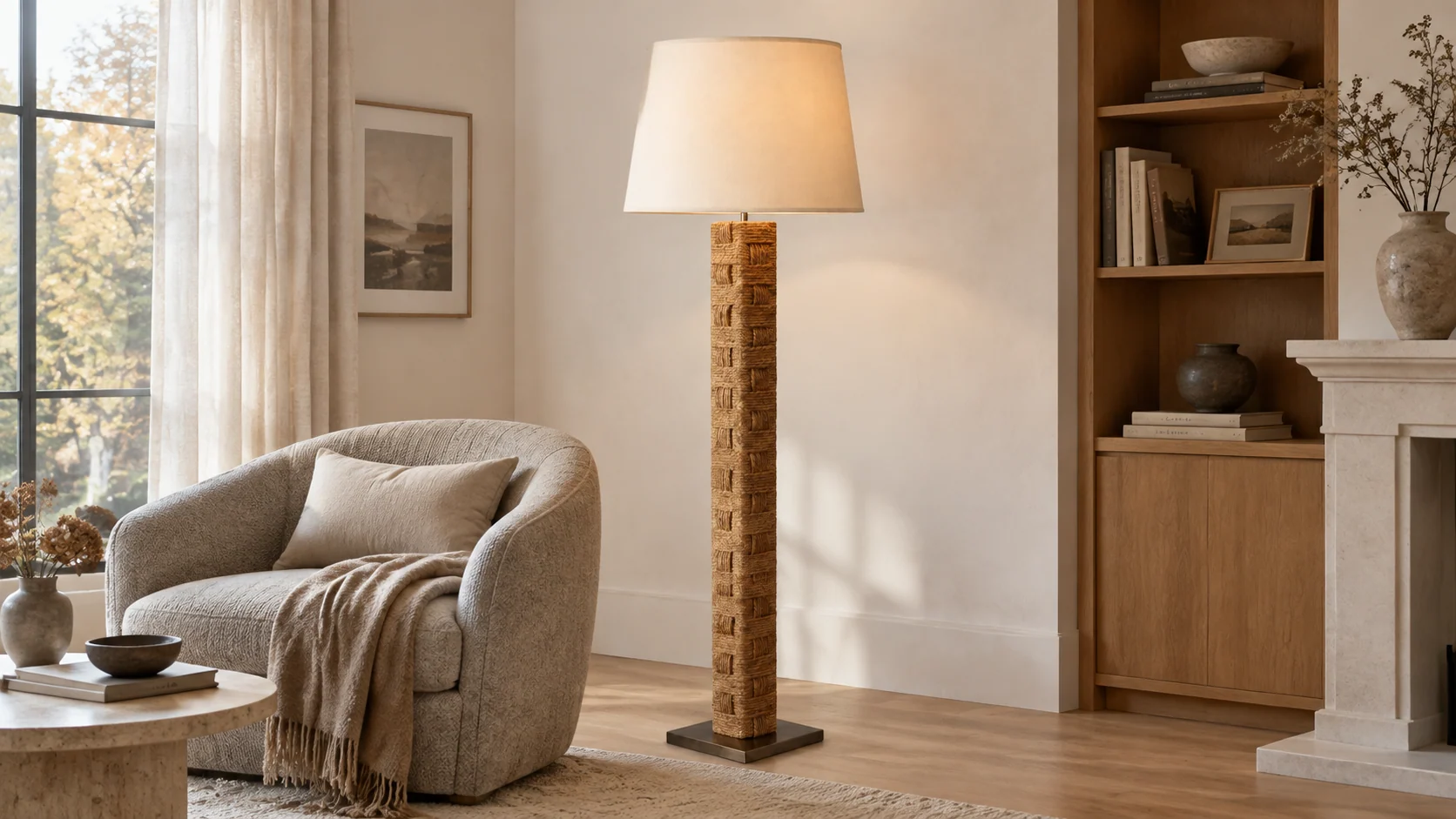 Hemp-wrapped wood floor lamp in a living room