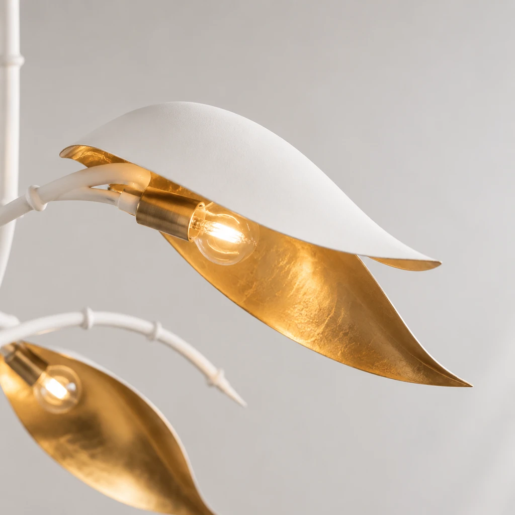 Close detail of an Elowen white petal shade with gold-leaf interior