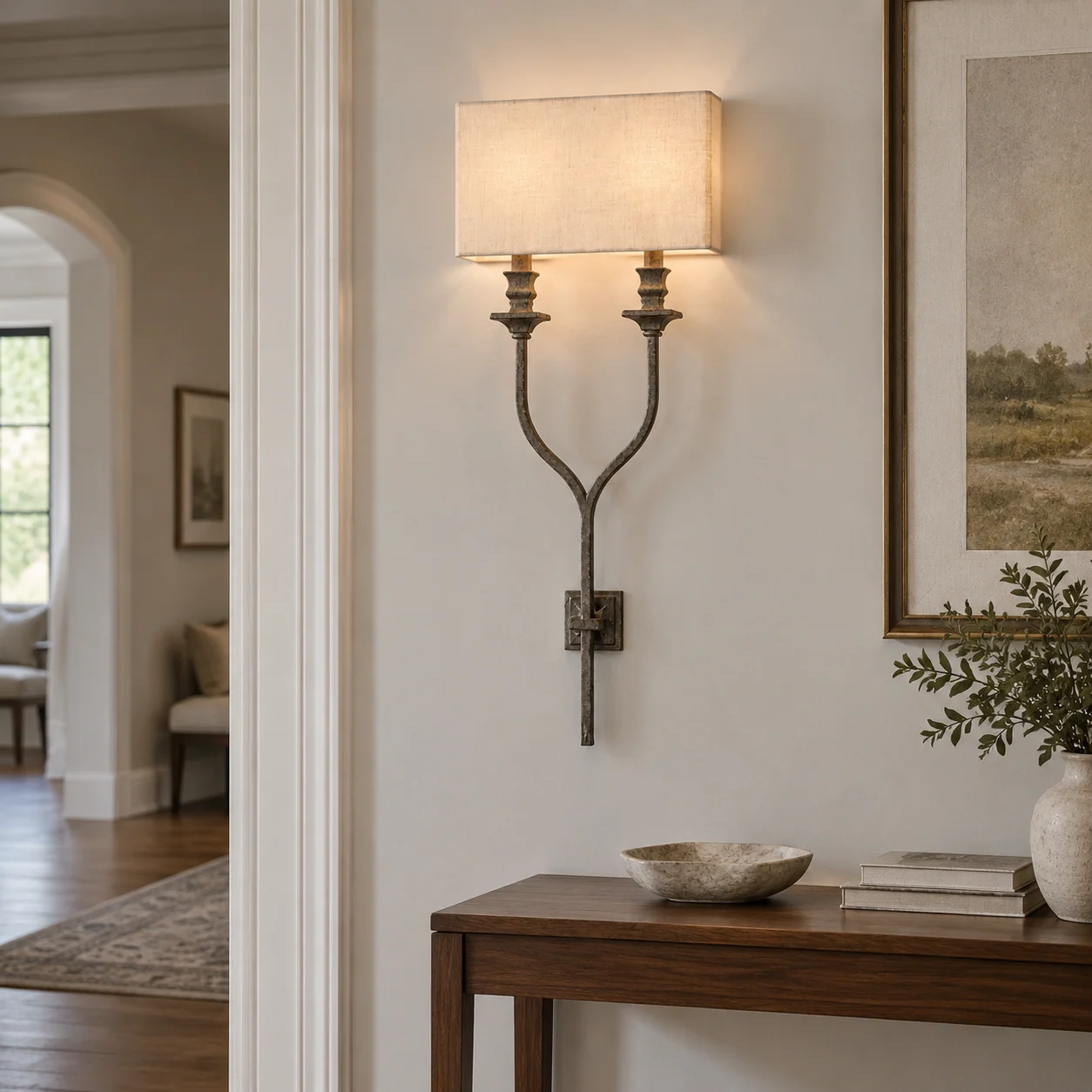 Wall sconce in a residential entry