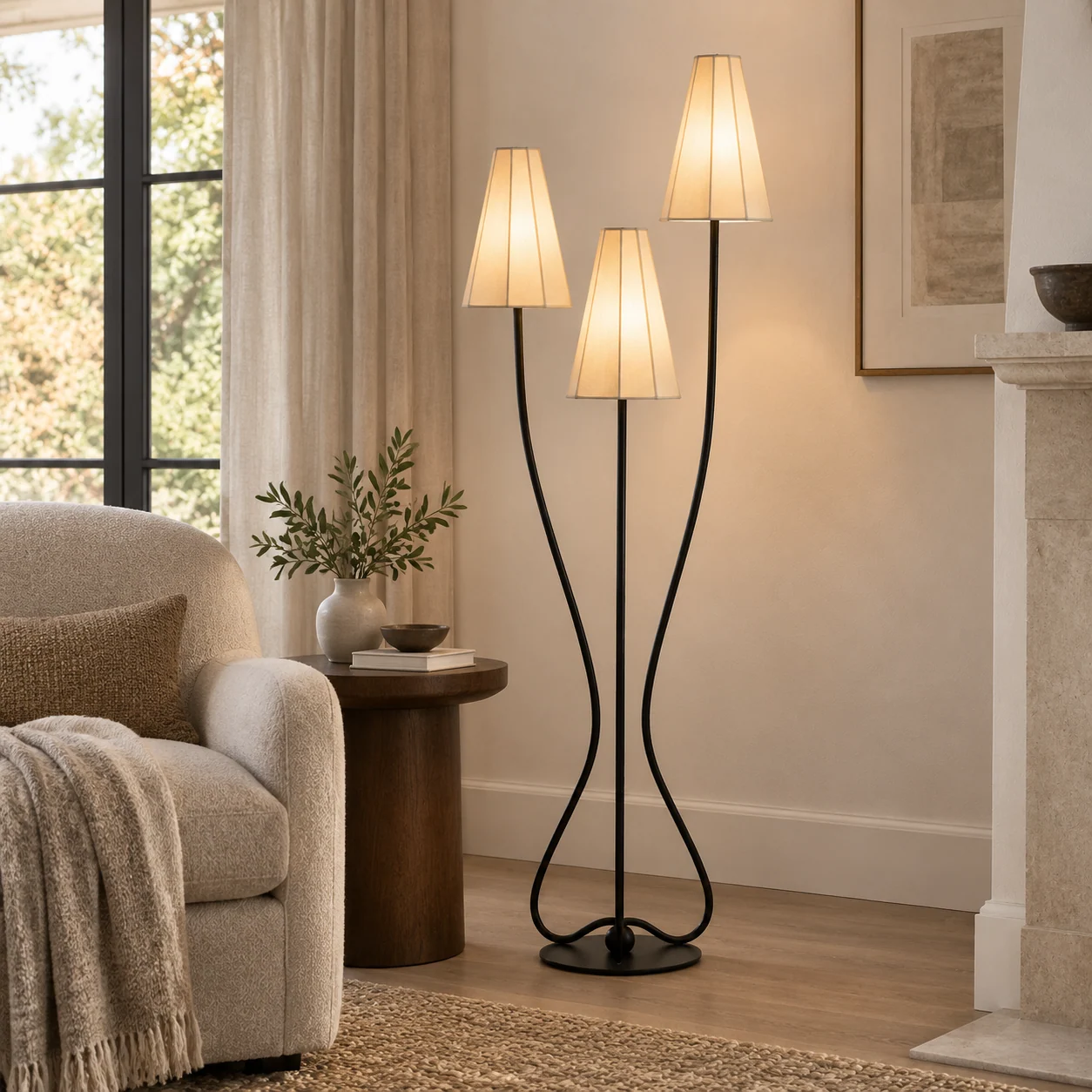 Three-shade floor lamp beside a reading chair