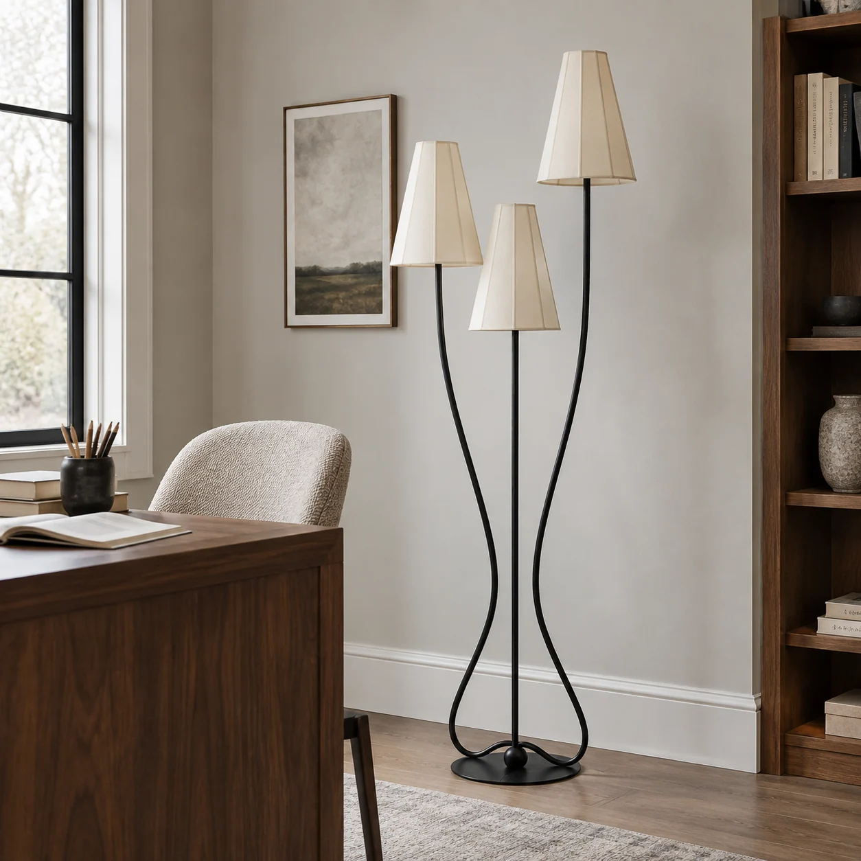Three-shade floor lamp in a home study