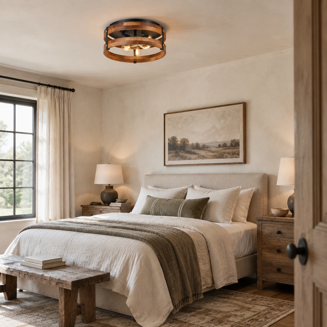 Elias Rustic Caged Wood Ceiling Light in a rustic bedroom