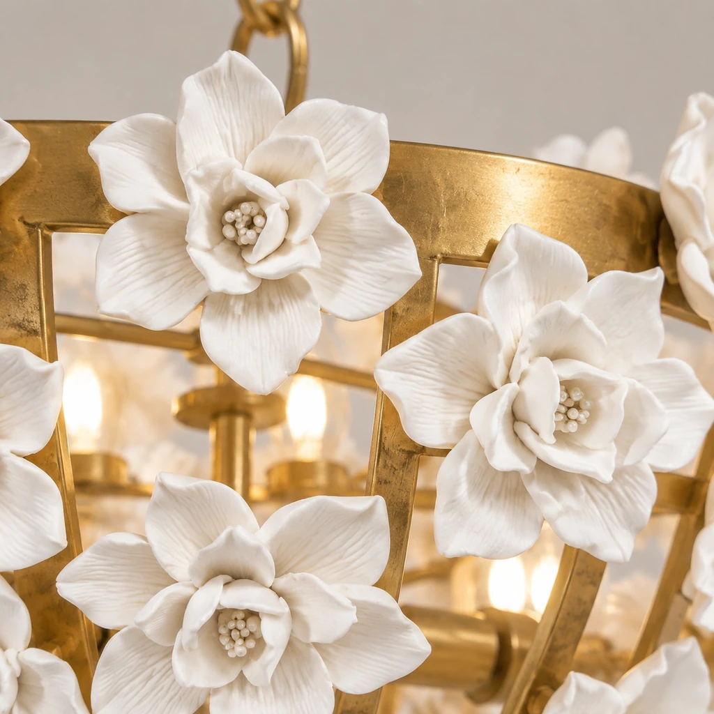 Close view of layered white ceramic flower petals