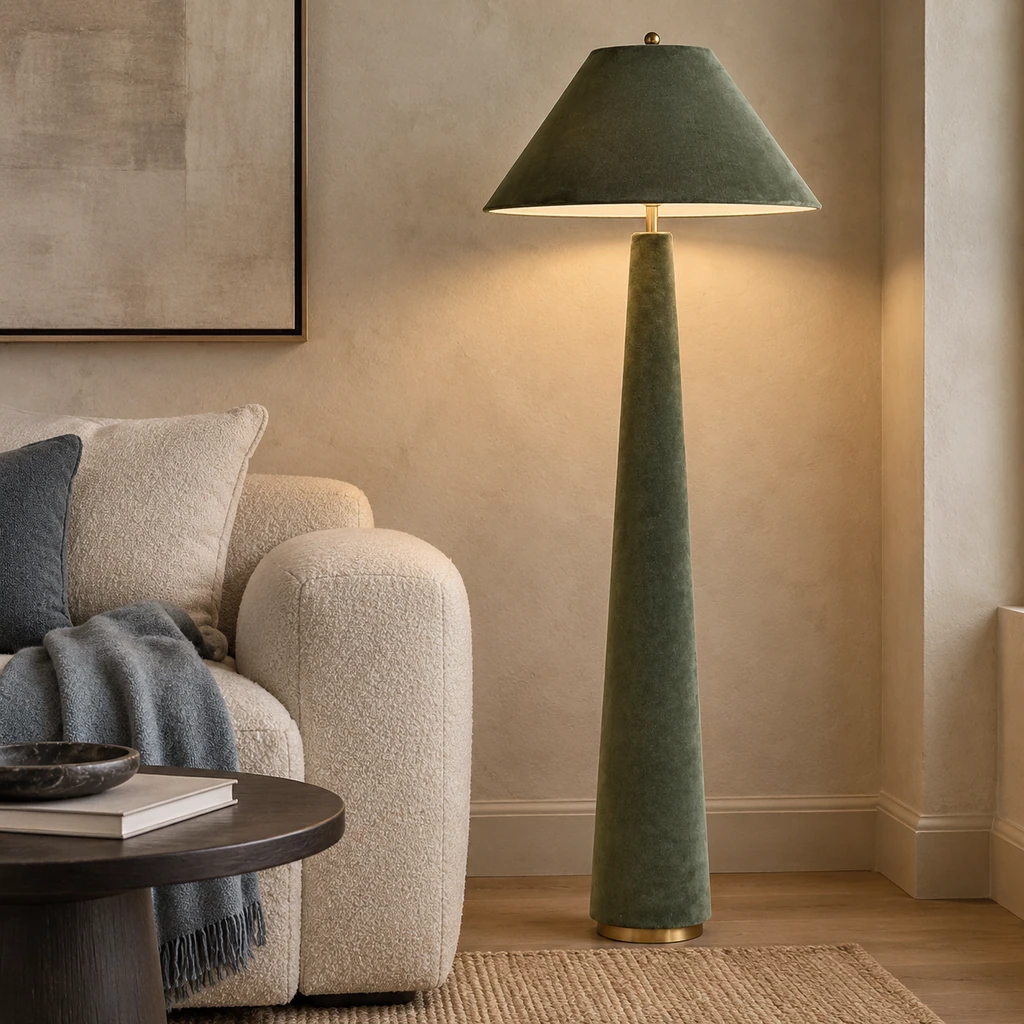 Marlowe velvet floor lamp beside an ivory living-room sofa