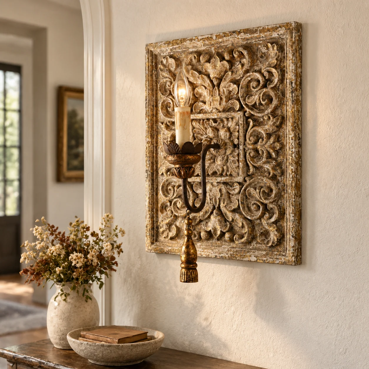 Carved wooden sconce on a home entry wall