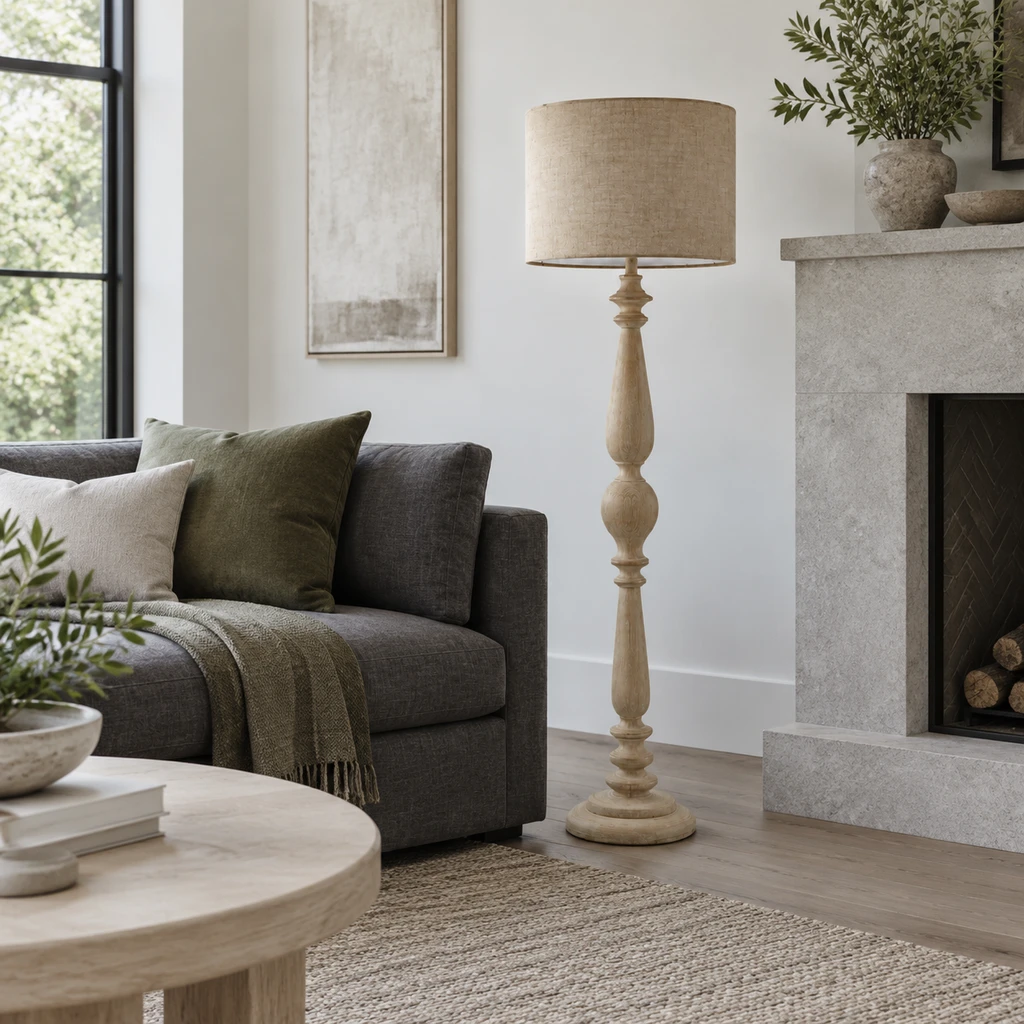 Hadley wooden floor lamp beside a neutral living room sofa