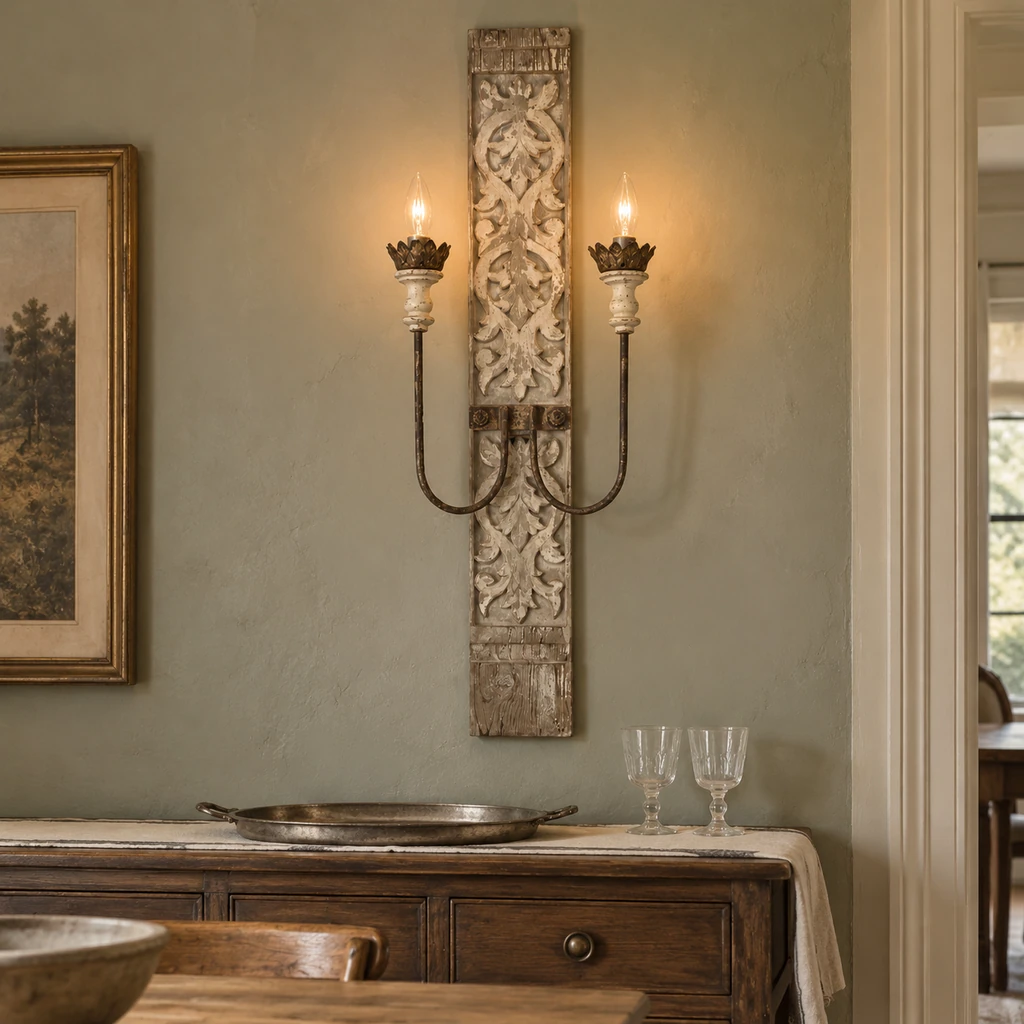 Marielle wall sconce above a dark-oak dining buffet