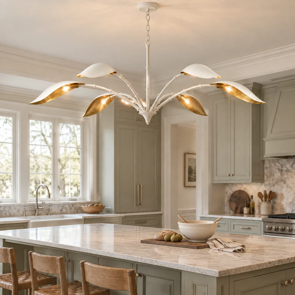 Elowen six-light chandelier above a lived-in kitchen island