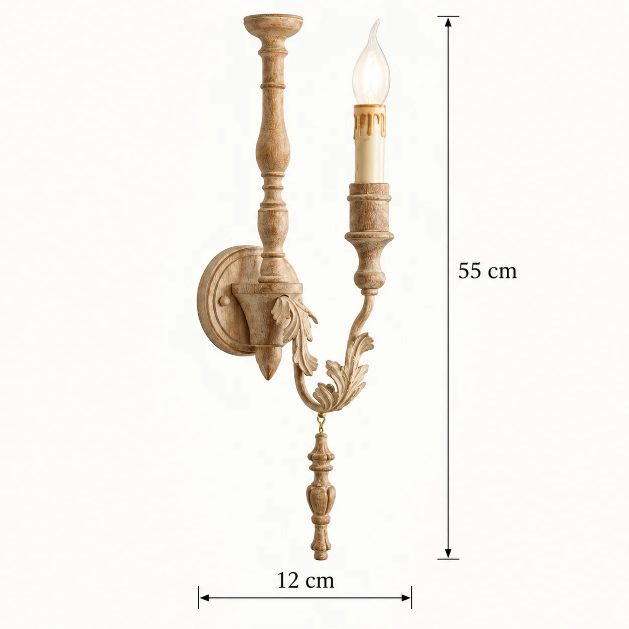 Natural wood wall sconce width 12 cm and height 55 cm