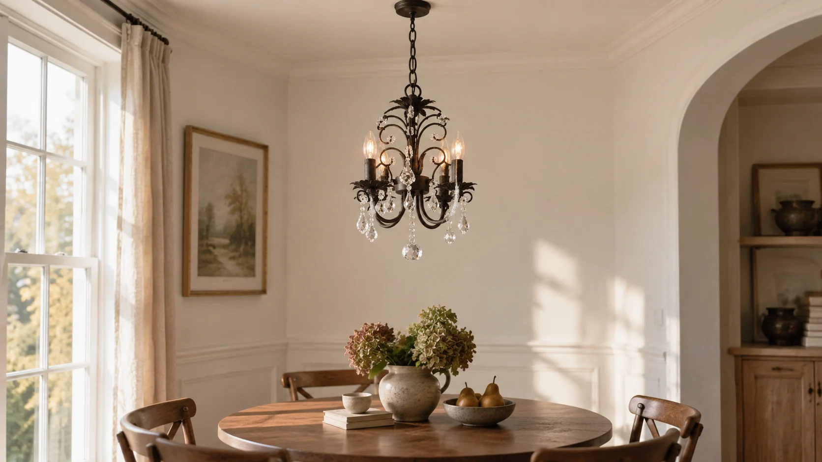 Four-light iron and crystal pendant over a small breakfast table
