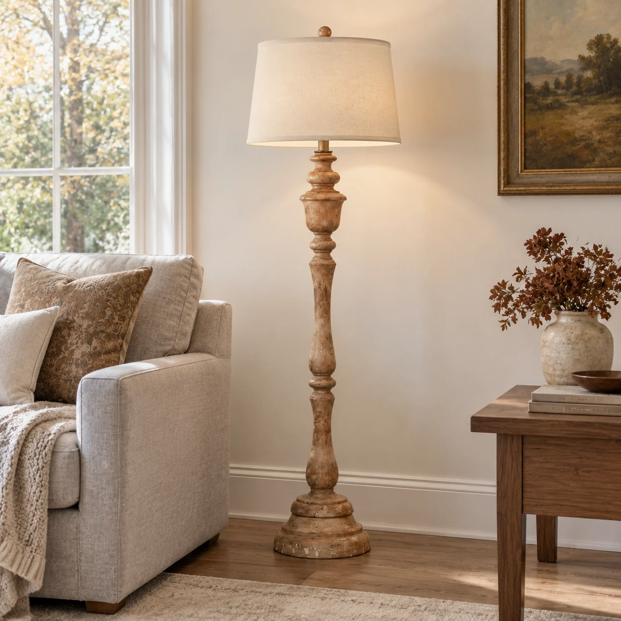 Carved wood floor lamp beside living sofa