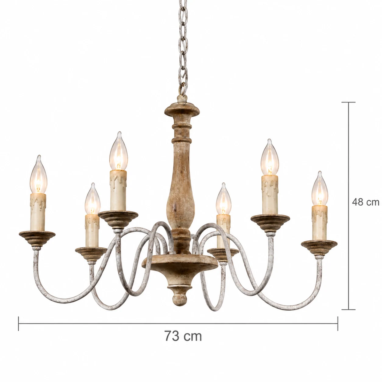 A six-light chandelier dimension diagram showing 73 cm diameter and 48 cm fixture height