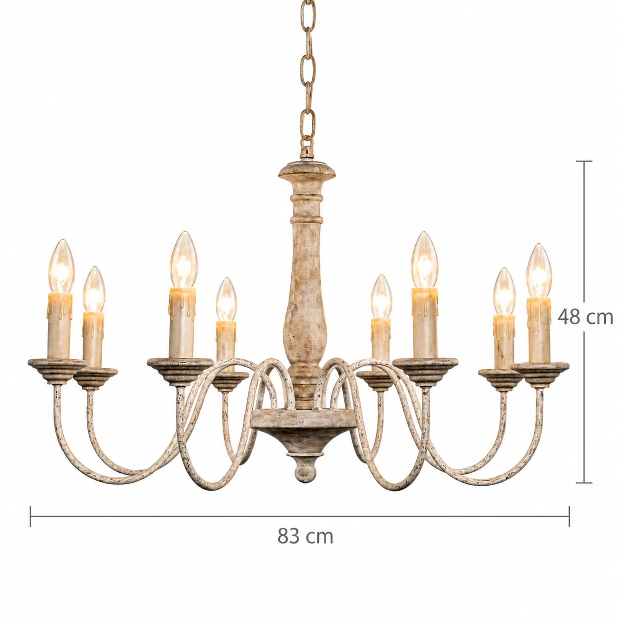 A eight-light chandelier dimension diagram showing 83 cm diameter and 48 cm fixture height