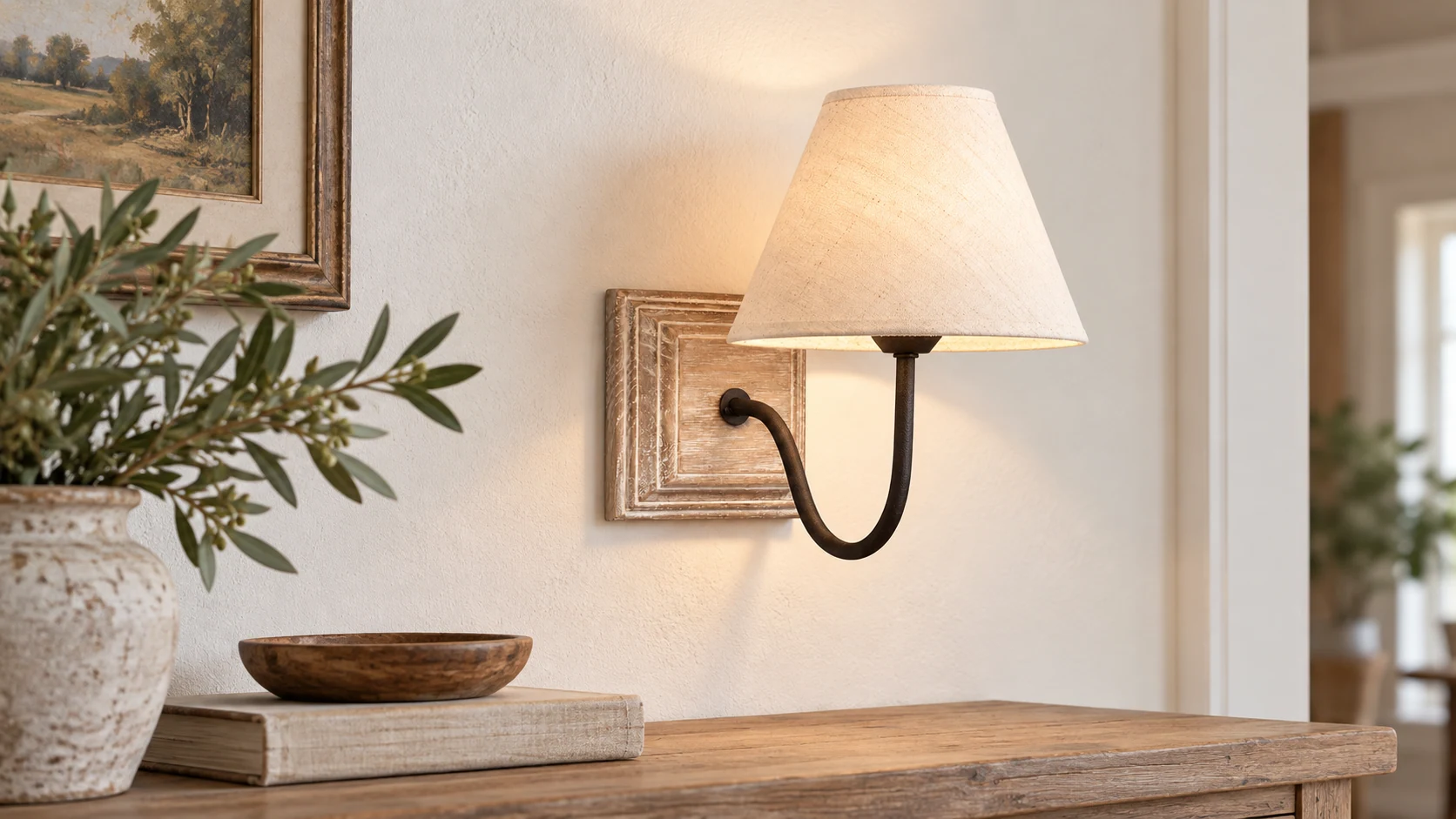 Wood and fabric wall sconce in a rustic entry setting