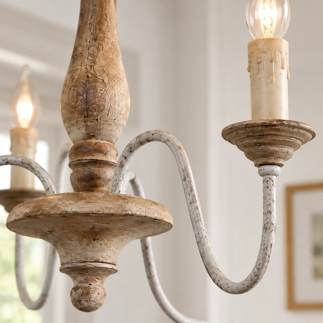 Turned wood center and curved chandelier arm detail