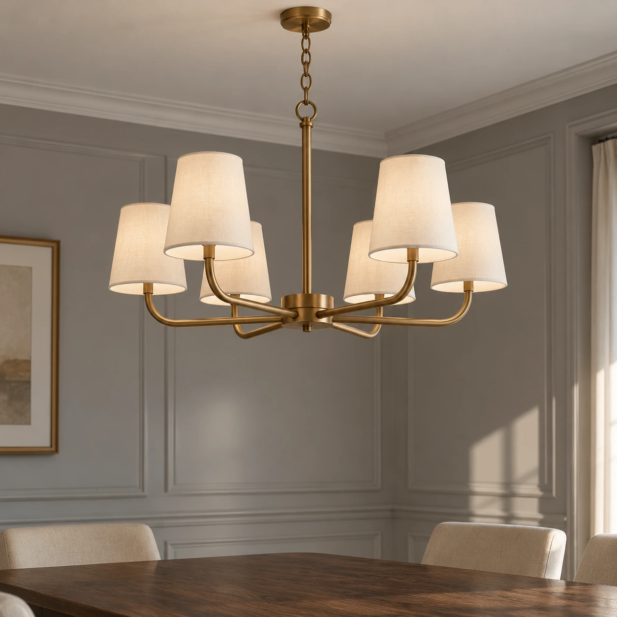 Antique bronze chandelier above a dining table